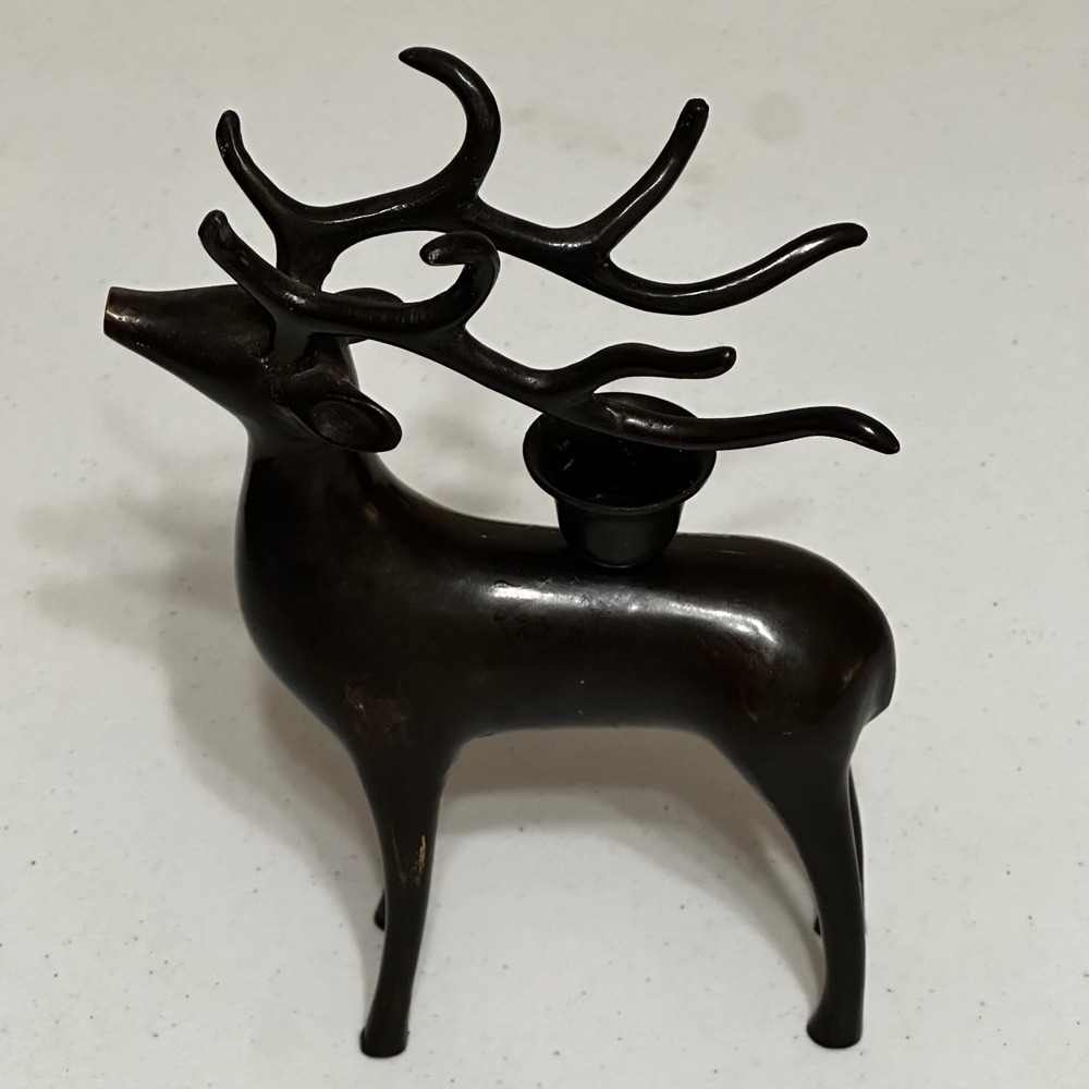 Vintage Brass Reindeer Taper Candle Holder Dark Bronze Finish MCM Deer 7"